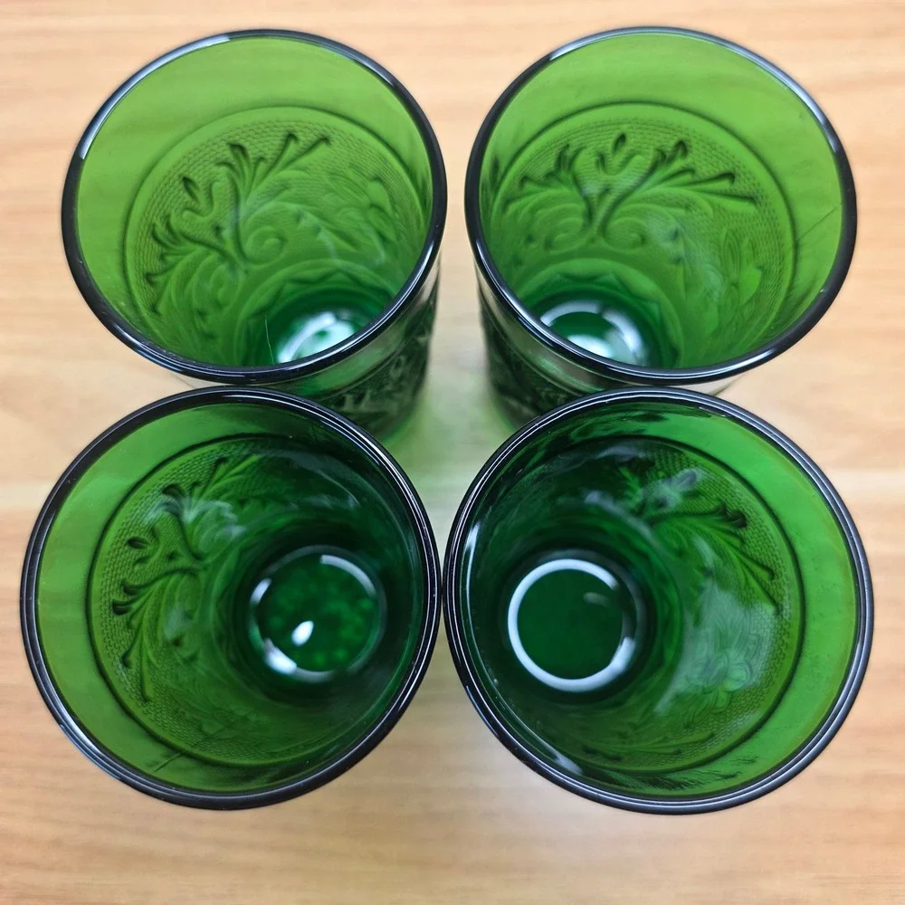 4 Vtg Anchor Hocking Forest Green Sandwich Glass Flat Juice Tumblers 3.5